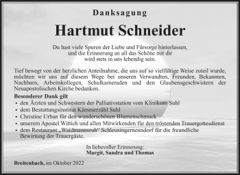 Traueranzeige von Hartmut Schneider von Südthüringer Presse