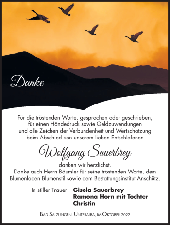 Traueranzeige von Wolfgang Sauerbrey von Südthüringer Presse