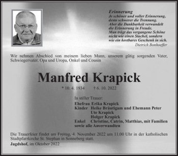 Traueranzeige von Manfred Krapick von Südthüringer Presse