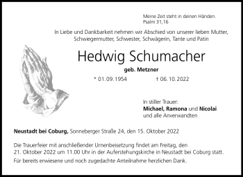 Traueranzeige von Hedwig Schumacher von Neue Presse Coburg