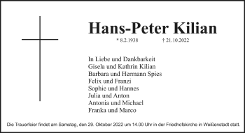 Traueranzeige von Hans-Peter Kilian von Frankenpost