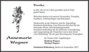 Traueranzeige von Annemarie Wagner von Südthüringer Presse