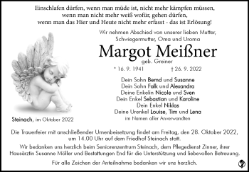 Traueranzeige von Margot Meißner von Südthüringer Presse