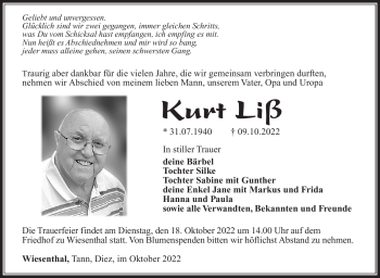 Traueranzeige von Kurt Liß von Südthüringer Presse