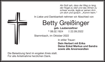 Traueranzeige von Betty Greißinger von Frankenpost