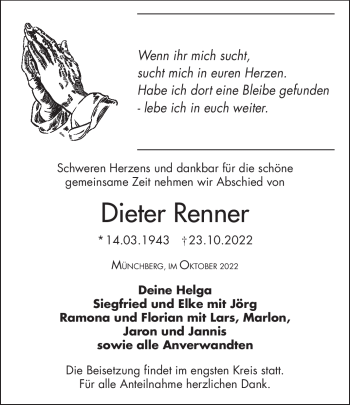 Traueranzeige von Dieter Renner von Frankenpost