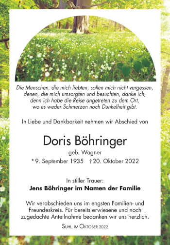 Traueranzeige von Doris Böhringer von Südthüringer Presse