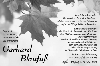 Traueranzeige von Gerhard Blaufuß von Südthüringer Presse