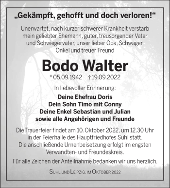 Traueranzeige von Bodo Walter von Südthüringer Presse