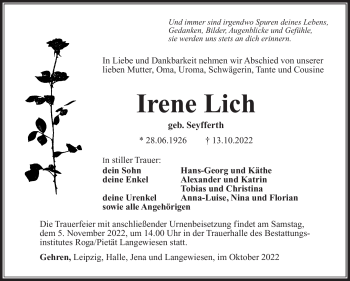 Traueranzeige von Irene Lich von Südthüringer Presse