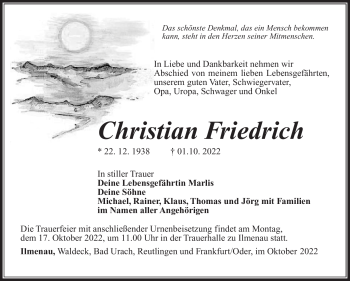 Traueranzeige von Christian Friedrich von Südthüringer Presse