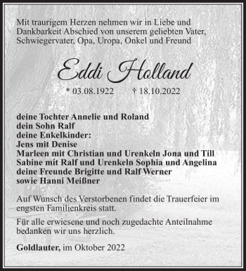 Traueranzeige von Eddi Holland von Südthüringer Presse