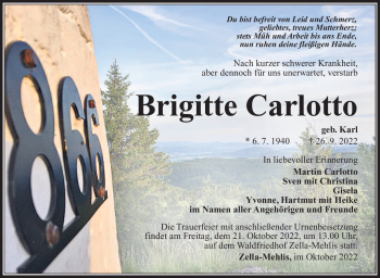 Traueranzeige von Brigitte Carlotto von Südthüringer Presse