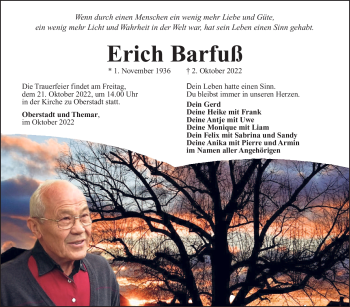 Traueranzeige von Erich Barfuß von Südthüringer Presse
