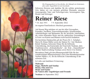Traueranzeige von Reiner Riese von Südthüringer Presse