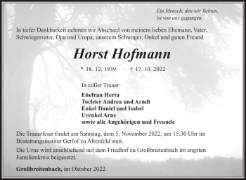 Traueranzeige von Horst Hofmann von Südthüringer Presse