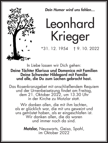 Traueranzeige von Leonhard Krieger von Südthüringer Presse