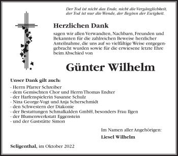 Traueranzeige von Günter Wilhelm von Südthüringer Presse