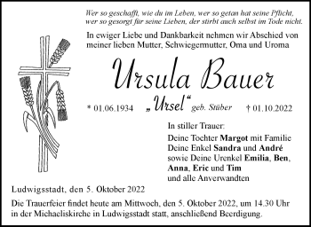 Traueranzeige von Ursula Bauer von Neue Presse Coburg