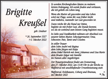 Traueranzeige von Brigitte Kreußel von Südthüringer Presse