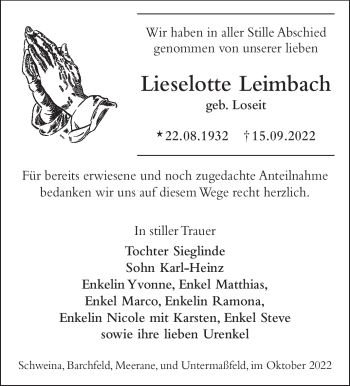 Traueranzeige von Lieselotte Leimbach von Südthüringer Presse