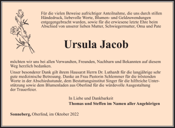 Traueranzeige von Ursula Jacob von Südthüringer Presse
