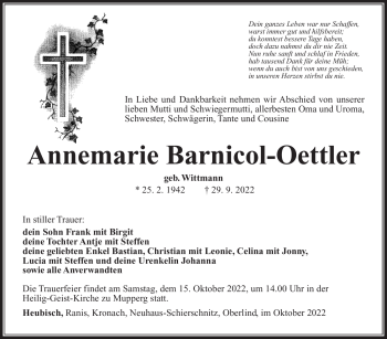Traueranzeige von Annemarie Barnicol-Oettler von Südthüringer Presse