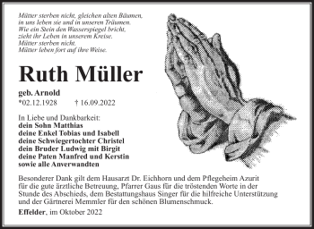 Traueranzeige von Ruth Müller von Südthüringer Presse