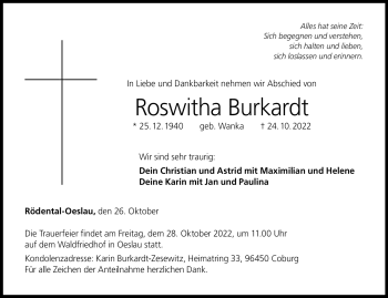 Traueranzeige von Roswitha Burkardt von Neue Presse Coburg