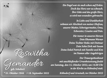 Traueranzeige von Roswitha Gemander von Südthüringer Presse