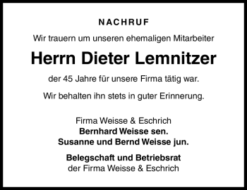 Traueranzeige von Dieter Lemnitzer von Neue Presse Coburg