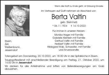 Traueranzeige von Berta Valtin von Neue Presse Coburg
