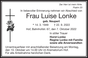 Traueranzeige von Luise Lonke von Frankenpost