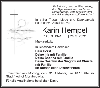 Traueranzeige von Karin Hempel von Frankenpost