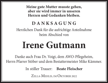 Traueranzeige von Irene Gutmann von Südthüringer Presse