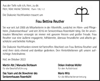 Traueranzeige von Bettina Reuther von Frankenpost