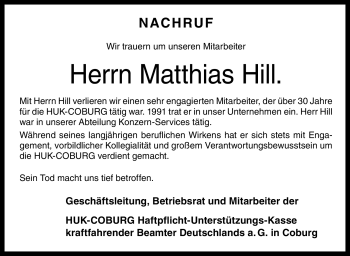Traueranzeige von Matthias Hill von Neue Presse Coburg