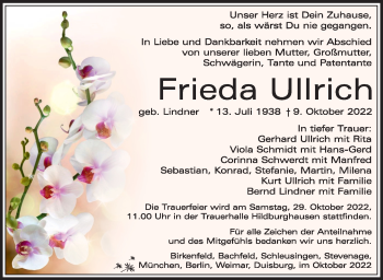 Traueranzeige von Frieda Ullrich von Südthüringer Presse