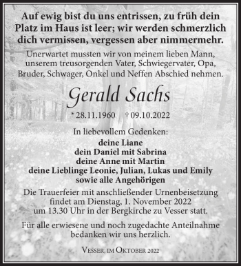 Traueranzeige von Gerald Sachs von Südthüringer Presse