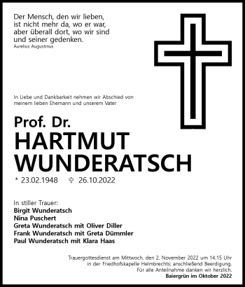 Traueranzeige von Hartmut Wunderatsch von Frankenpost