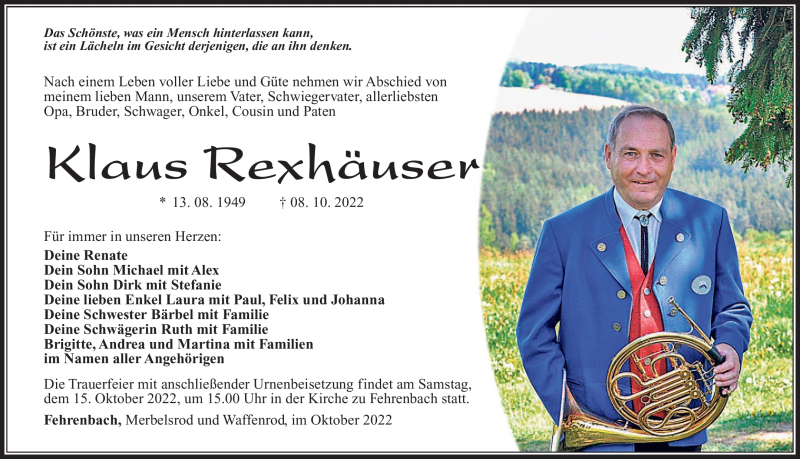  Traueranzeige für Klaus Rexhäuser vom 12.10.2022 aus Südthüringer Presse