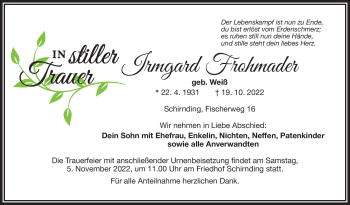 Traueranzeige von Irmgard Frohmader von Frankenpost