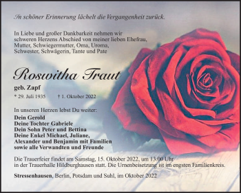 Traueranzeige von Roswitha Traut von Südthüringer Presse