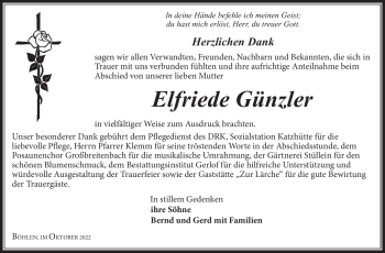 Traueranzeige von Elfriede Günzler von Südthüringer Presse