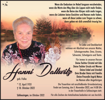 Traueranzeige von Hanni Dallwitz von Südthüringer Presse