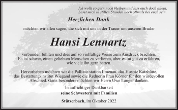 Traueranzeige von Hansi Lennartz von Südthüringer Presse