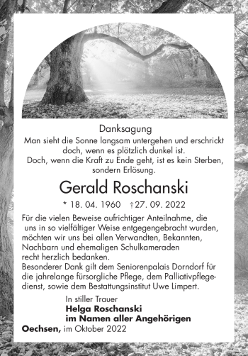 Traueranzeige von Gerald Roschanski von Südthüringer Presse