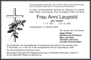 Traueranzeige von Anni Leupold von Frankenpost