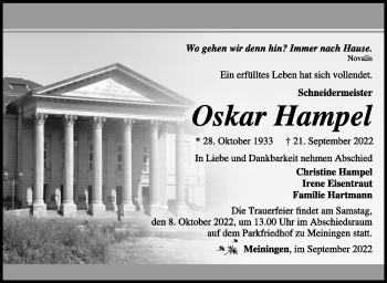 Traueranzeige von Oskar Hampel von Südthüringer Presse