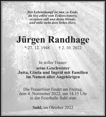 Traueranzeige von Jürgen Randhage von Südthüringer Presse